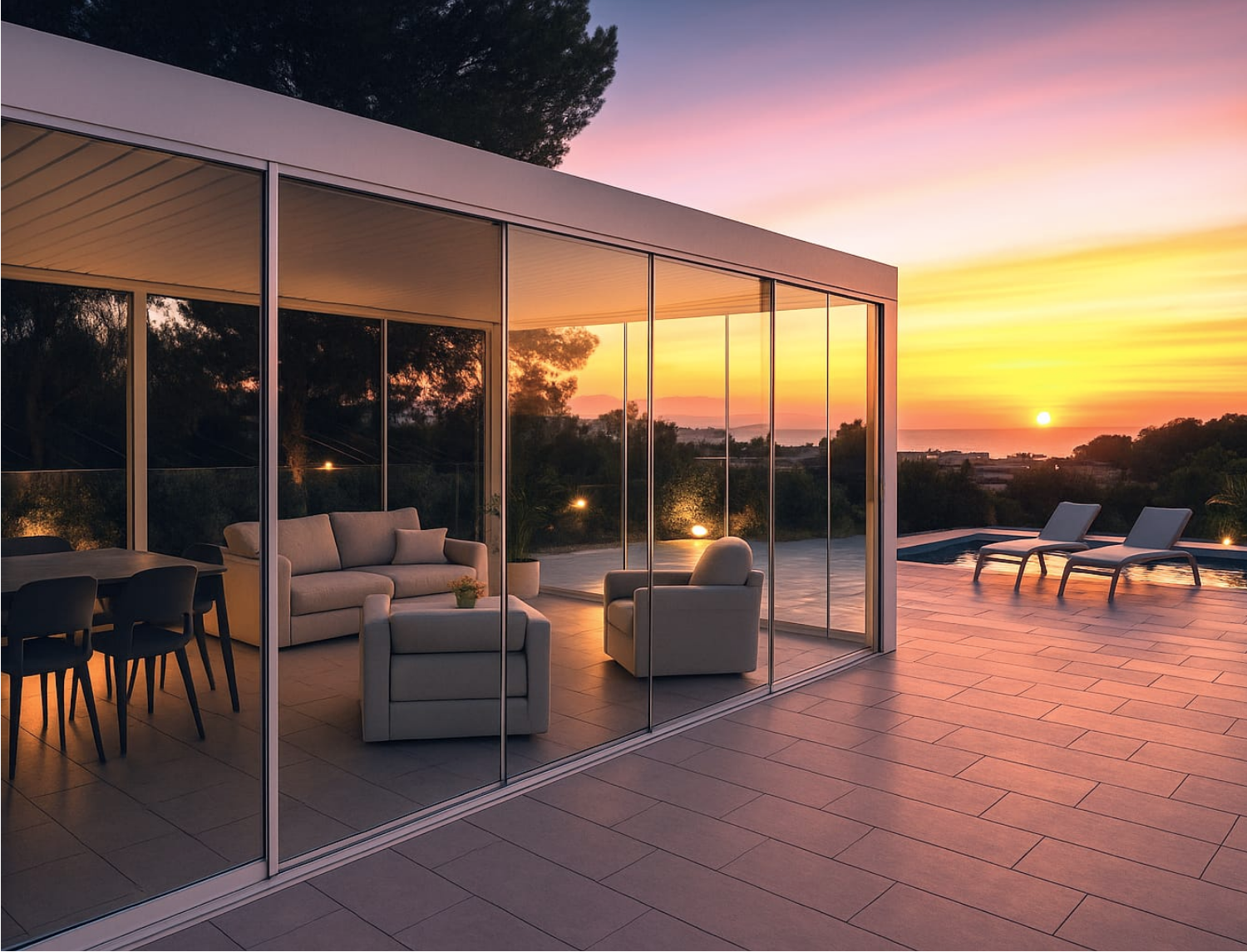 Pergola vetrata al tramonto